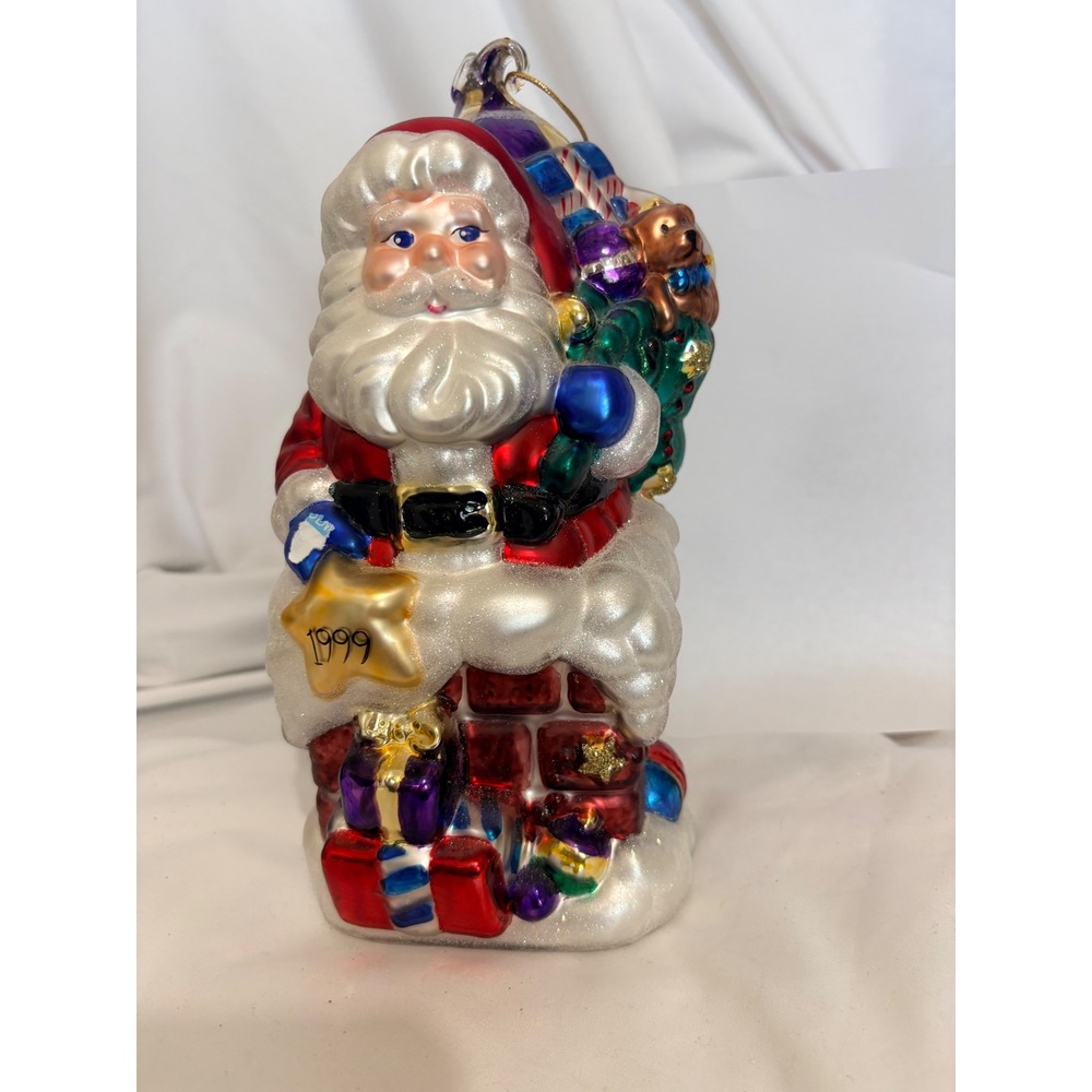 Vintage 1999 Brass Key BK Santa Chimney Blown Glass Christmas Ornament 9"
